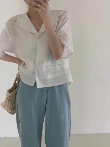 2021夏季新款麻料短袖衬衫韩版现货，女装衬衫，雨木其