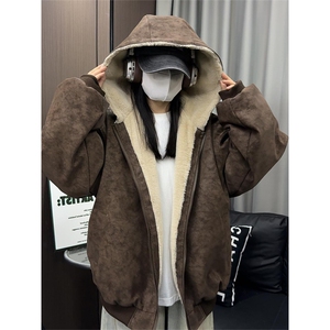 现货高品质美式冬季重磅座山雕大毛毛领pu皮棉衣男女加厚外套图片