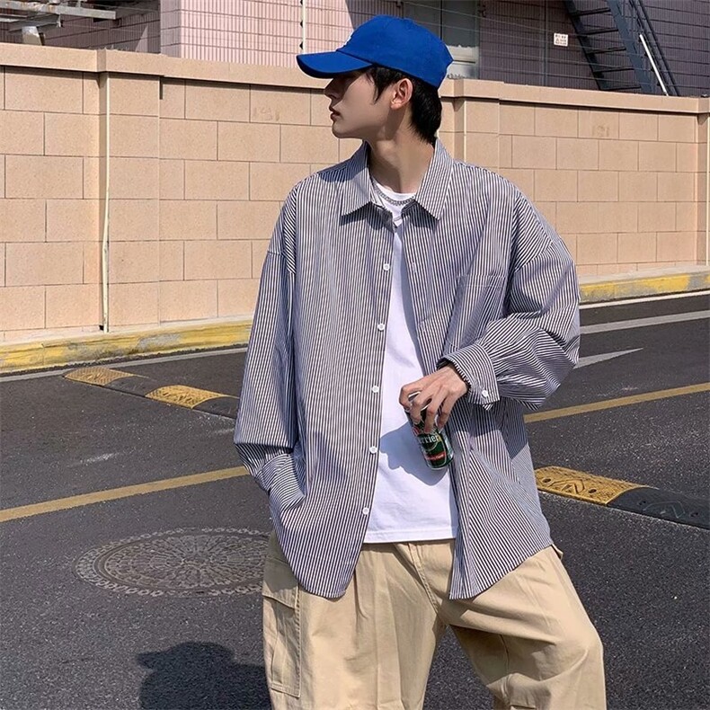 春秋薄款条纹衬衫男长袖ins港风日系宽松休闲韩版潮流百搭上衣服,男装衬衫,星座506A