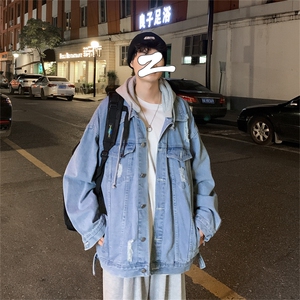 2025秋百搭大码男士破洞连帽牛仔夹克男女宽松百搭外套JK556-P75图片