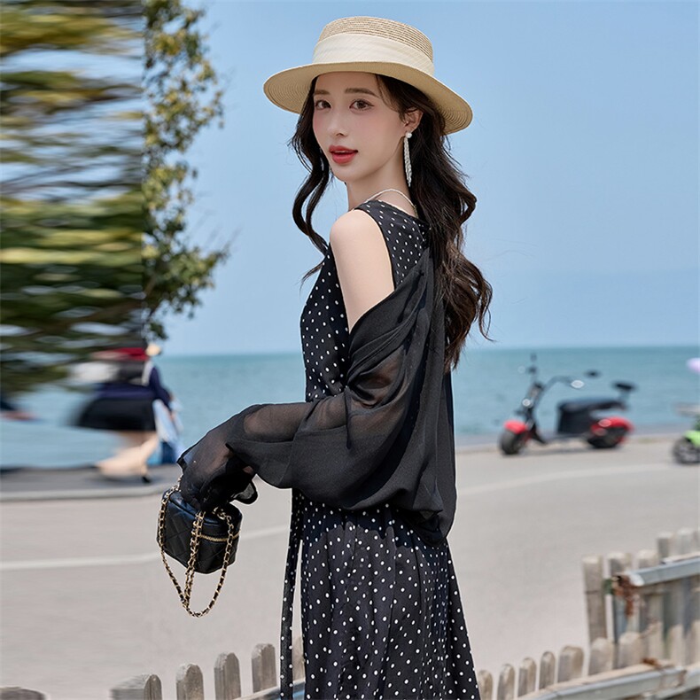 2025春夏季法式复古披肩波点裙子套装女吊带连衣裙两件套洋气长裙，女装套装/套裙，潮流依族