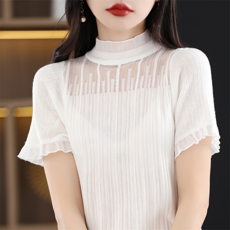 优雅蕾丝边仿羊毛短袖针织衫精致半高领设计展现女性魅力,针织衫/毛衣,桦兴羊绒