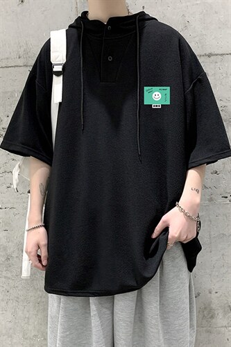 LD54264-P45连帽短袖t恤男大码胖子带帽五分袖中袖大皂风,男装T恤,电商A040