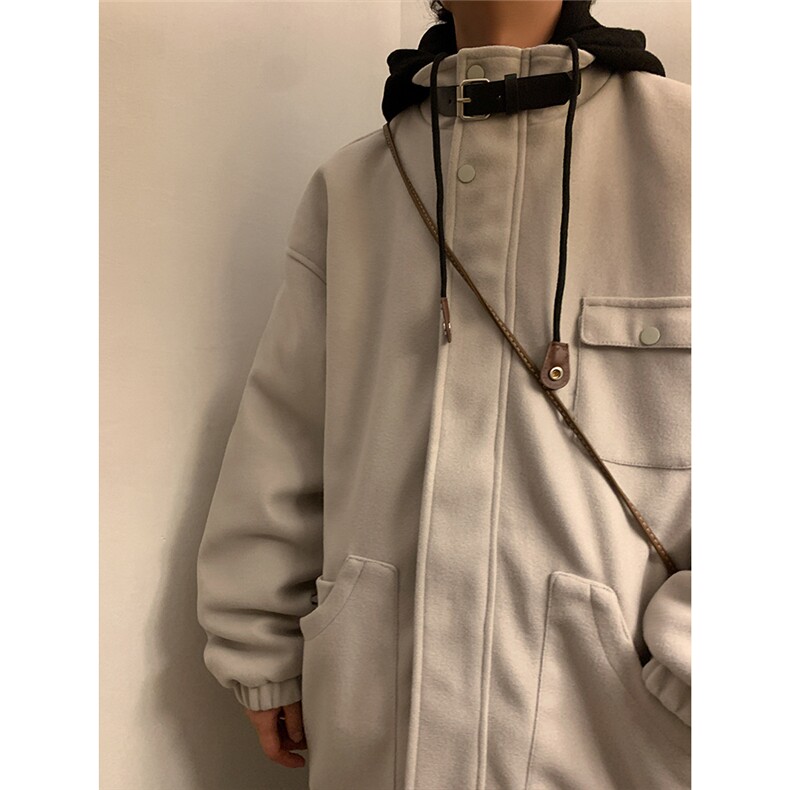 EQ158 冬季新款港风日系毛呢大衣假两件加厚连帽棉服棉衣外套P145图片