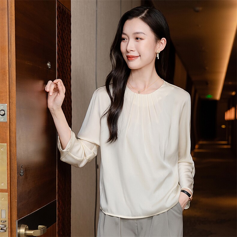 高端真丝上衣女长袖T恤2026春季圆领气质妈妈印花重磅真丝小衫t,女装衬衫,阿舍尔精品