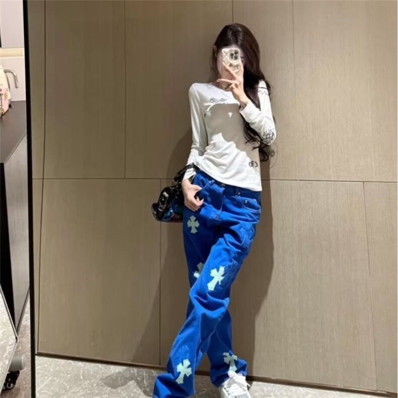 美式复古高腰蓝色牛仔裤男女秋季高街设计感宽松显瘦窄版直筒裤,男装牛仔裤,四季星座505