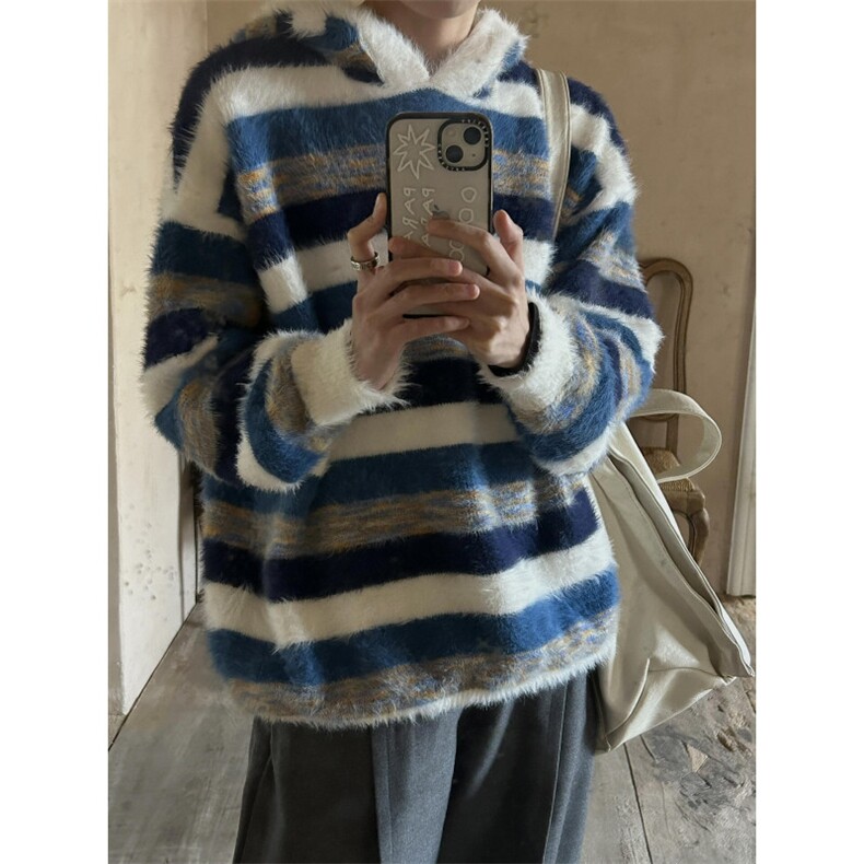 【有货】MY366LL-特P58 水貂毛条纹连帽毛衣男慵懒风针织衫外套图片