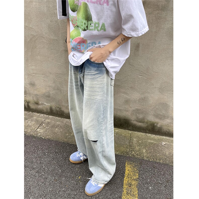 现货~夏日清爽蓝色宽松直筒破洞牛仔裤4XZ502-K757-P55控79,男装牛仔裤,星座502