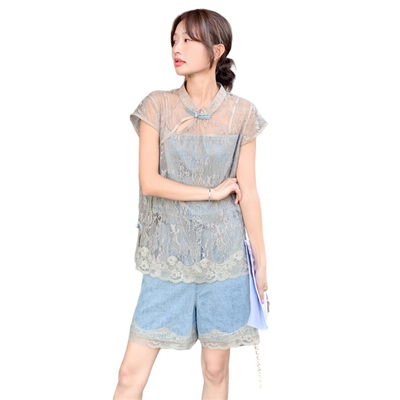 新中式风套装女2025新夏季复古盘扣蕾丝拼接上衣牛仔短裤两件套,女装套装/套裙,2C218