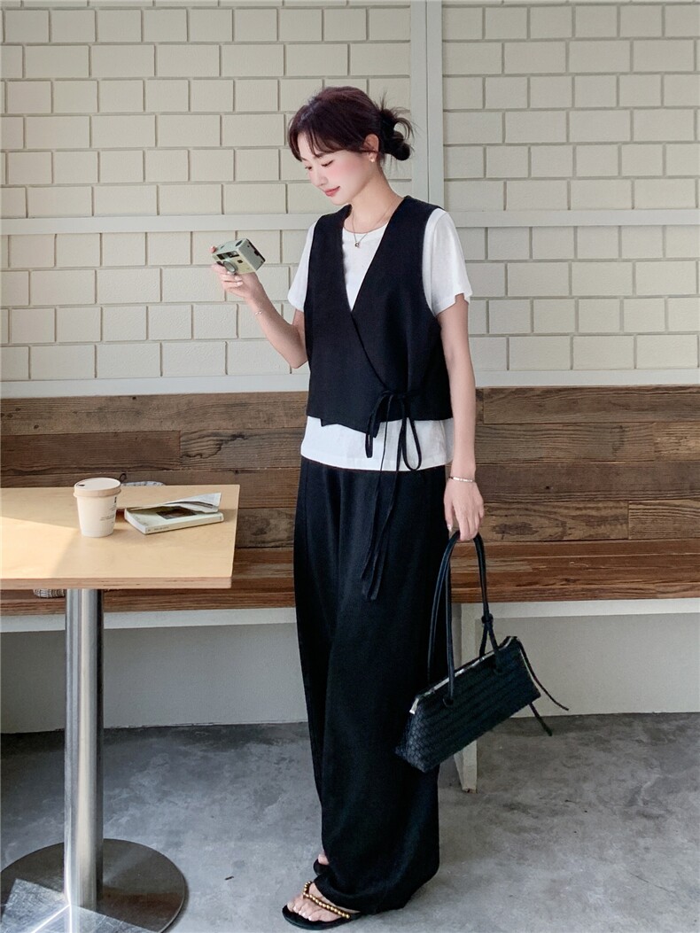 气质轻熟马甲白色T裤子三件套,女装套装/套裙,诺蝶