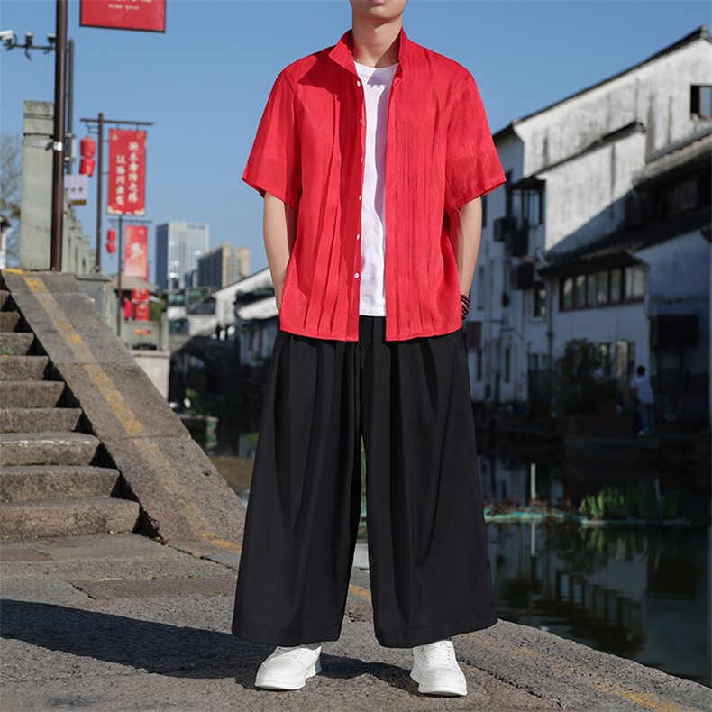 新品风条纹褶皱轻薄透气夏季休闲手工盘扣高领短袖上衣30507图片