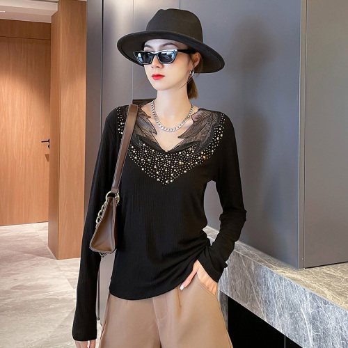 2021秋季新款长袖V领拼蕾丝烫钻长袖T恤女打底衫针织衫，女装蕾丝衫/雪纺衫，潮品会