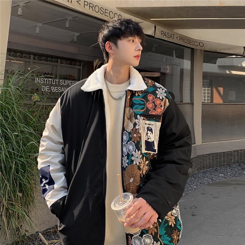 港风外景刺绣拼接翻领棉衣男羊羔毛棉衣男外套男8723P110控148图片