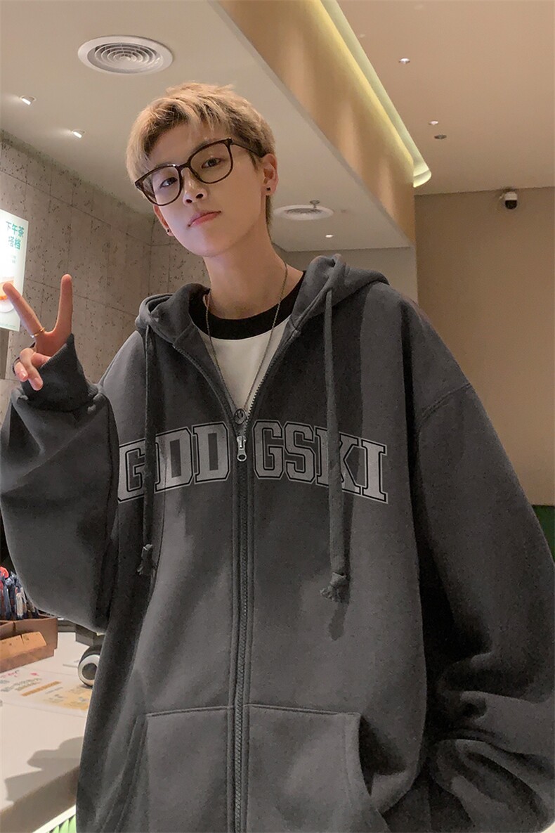 秋冬内景日系大码落肩连帽开衫卫衣男宽松外套WY00233/P55加绒P65,女装短外套,电商B316