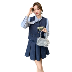 蓝色小香风三件套女士2025秋季新款高级感马甲气质衬衫百褶裙套装，女装套装/套裙，霓裳依族