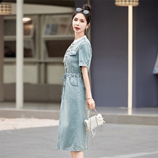 2024夏季新款薄款短袖新中式国风盘扣牛仔连衣裙女中长款立领裙子，女装连衣裙，依路服饰