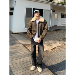 现货 美式宽松浅棕色翻领拼接夹棉夹克男JK162/P100图片