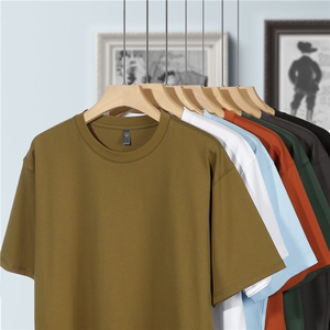 落肩重磅纯棉T恤班服文化衫印图logo圆领工作服5分袖团队衣服