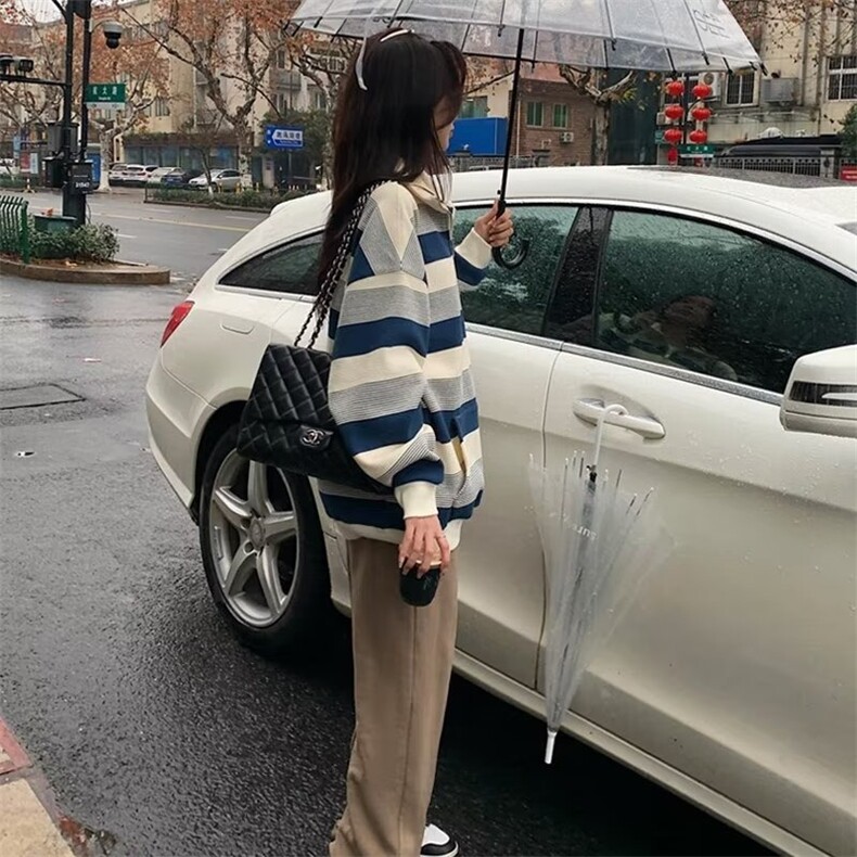 美式复古条纹卫衣女春秋季薄款宽松bf慵懒风小众长袖上衣WY8805,男装卫衣,星座208-5