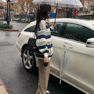 美式复古条纹卫衣女春秋季薄款宽松bf慵懒风小众长袖上衣WY8805图片