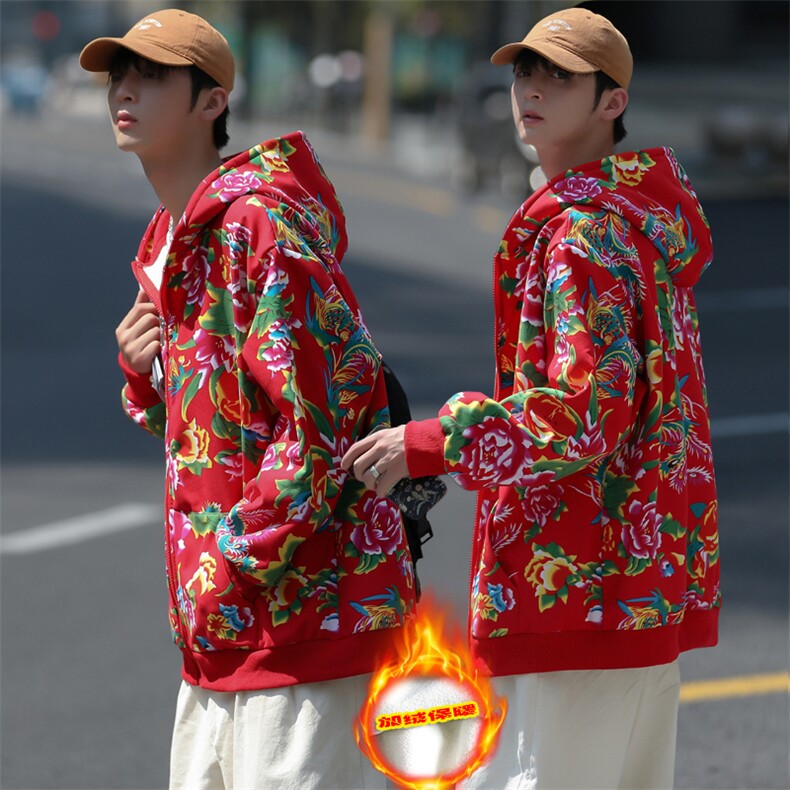 连帽加绒宽松港风东北大华复合绒开衫保暖大码卫衣外套夹克A203图片