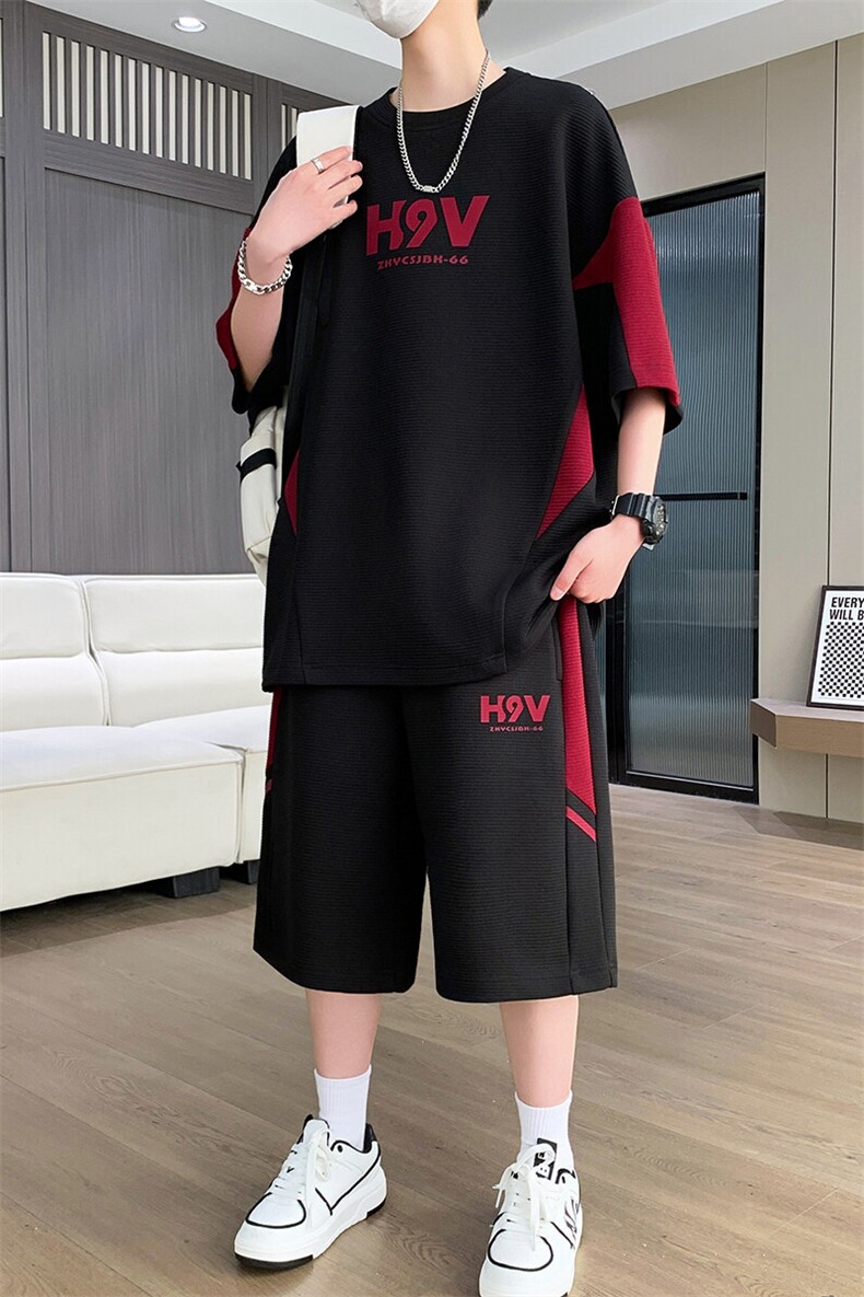 港风套装男休闲宽松时尚拼接色圆领短袖T恤短裤两件套-TZ1718-P57,男装牛仔裤,星座310B-3