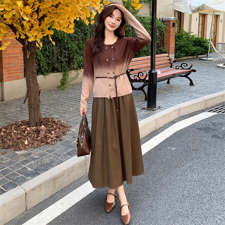 渐变色针织衫半身裙套装裙女春秋2025新款一整套ootd穿搭流行绝美，女装套装/套裙，煊芮熙