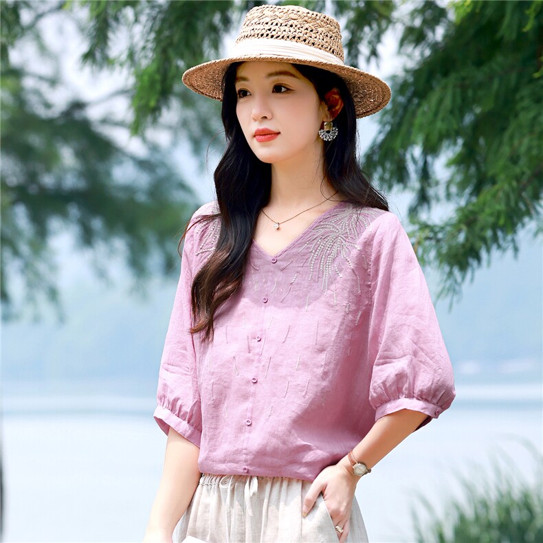 2026夏季苎麻时尚简约大方气质优雅刺绣休闲透气上衣,女装衬衫,独衣靓