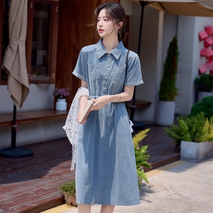 复古蕾丝披肩牛仔连衣裙女2025夏季新款气质减龄中长款连裙子女图片