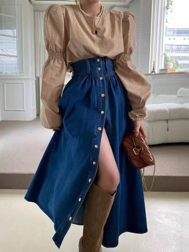 2025春夏款法式牛仔多扣半身裙，女装半身裙，织己羊绒