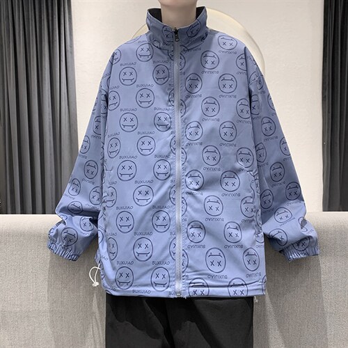 港风模特秋季笑脸印花两面穿多口袋男士夹克外套JK80P85限118,男装夹克,电商A089-1