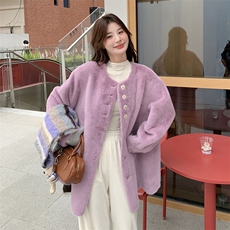 粉色仿貂绒皮毛一体外套女秋冬超火好看加绒加厚中长款羊羔毛大衣，女装皮草，浙宝276（原081）