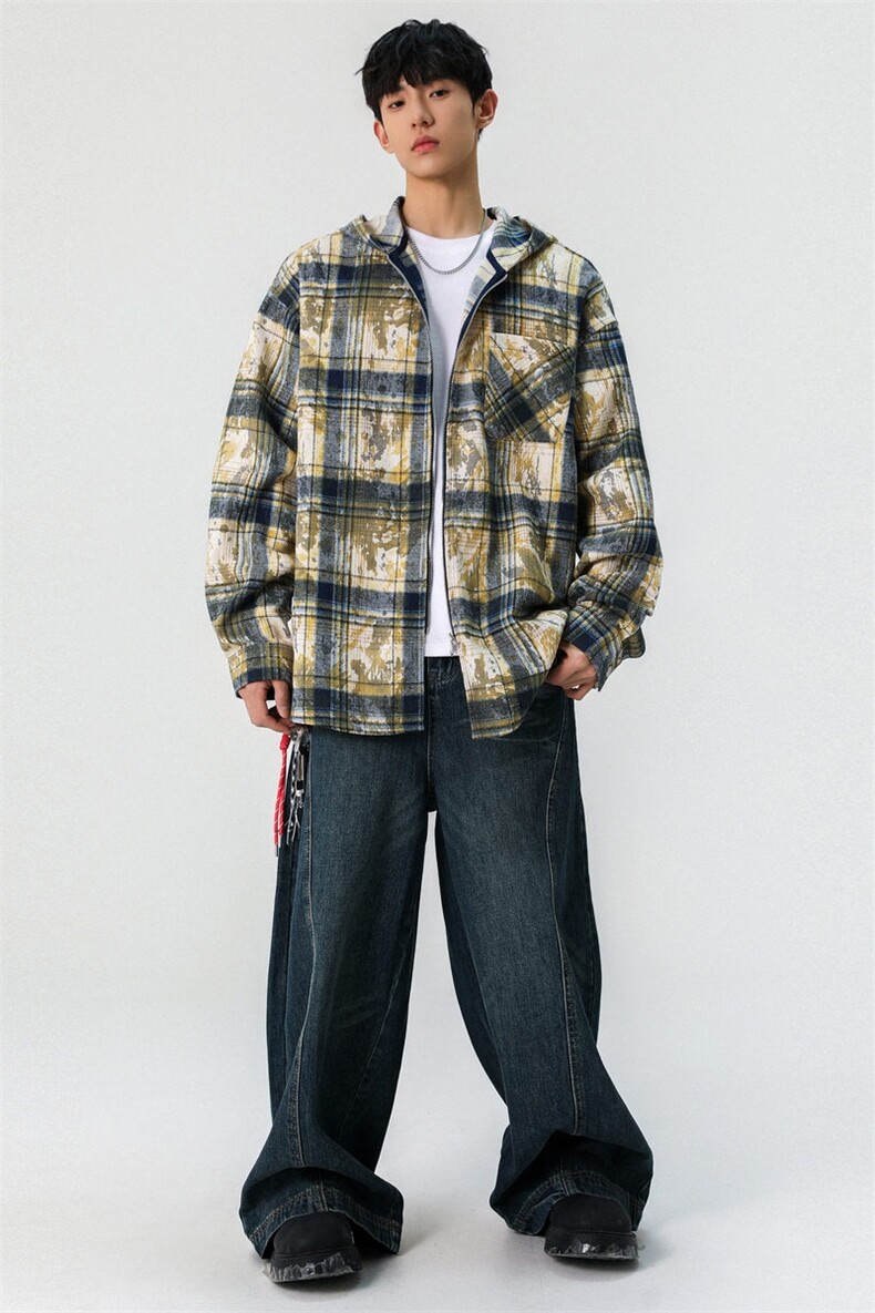 复古格子衬衫休闲宽松长袖衬衣扎染衬衫男款外套A406JK6021P65,男装夹克,星座309（原A406）