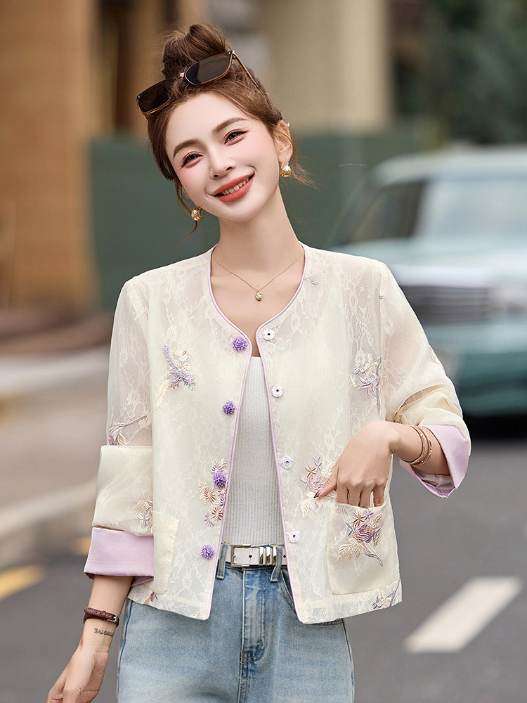 2025春夏季新款紫色薄款刺绣网纱蕾丝防晒衣女新中式国风短款外套,女装短外套,依如秀(原杭风阁)