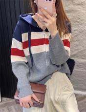 时尚条纹加厚拉链帽衫舒适保暖女装针织衫多色可选，女装针织衫/毛衣，鑫之绒