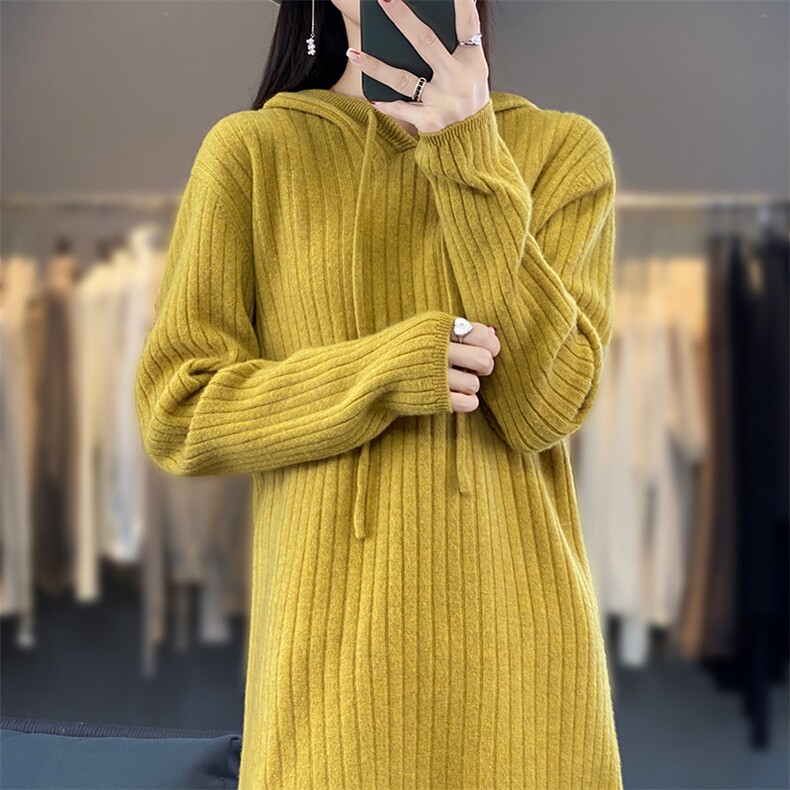 秋冬季新款女时尚中长款连帽竖条大码羊毛衫图片