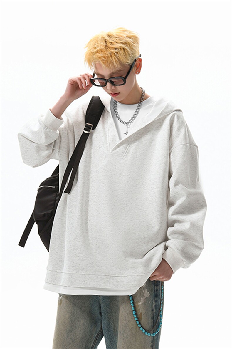 8XL-M叠穿假两件卫衣重磅连帽V领拼接套头衫宽松大码外套WY006P65,男装卫衣,电商B312