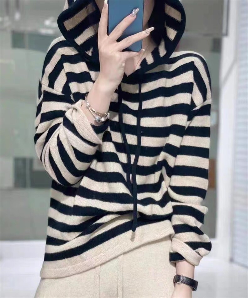 松弛感羊毛衫女条纹连帽时尚针织上衣洋气减龄宽松针织衫,女装羊毛衫,悦玛羊绒