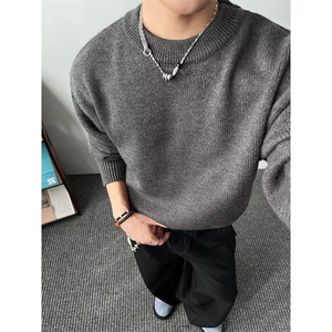 慵懒文艺新款冬季百搭宽松慵懒风假两件撞色灰色圆领针织毛衣男