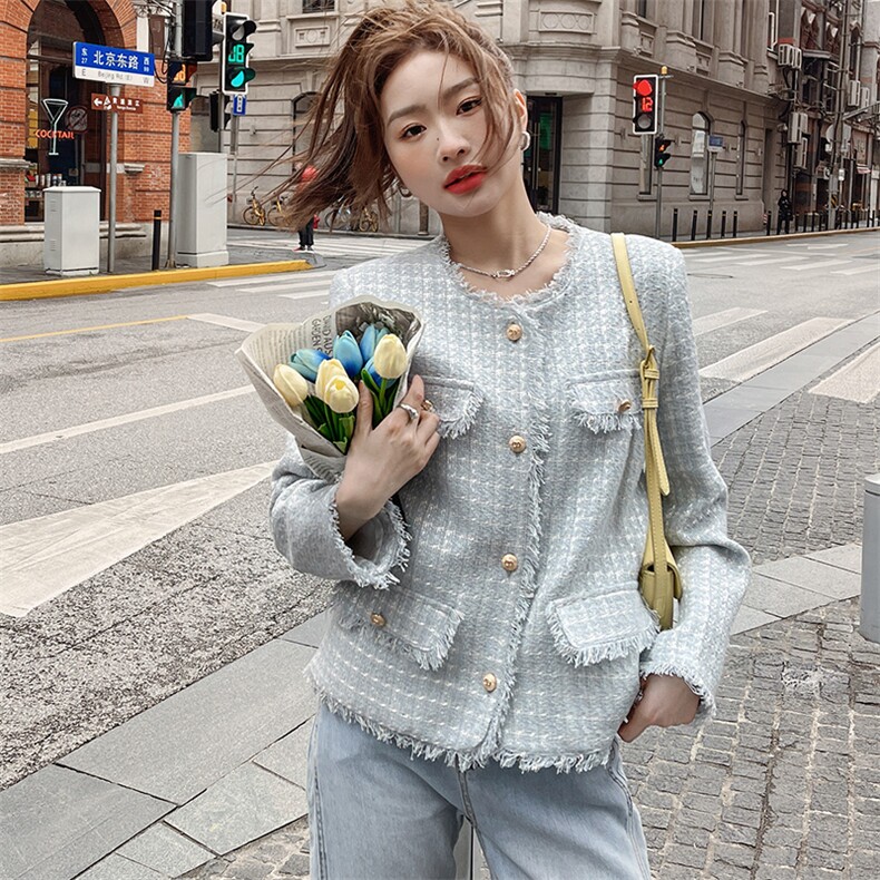 超火好看独特漂亮蓝色小香风短外套女春秋2025气质高级感chic上衣,女装短外套,2C050