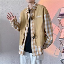 假两件衬衫男长袖春秋潮牌ins格子拼接工装衬衣外套W4871-P43，男装夹克，星座512-2