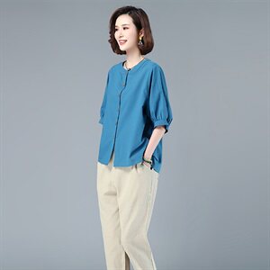 衬衫时尚百搭圆领短袖纯色宽松2021年夏季,女装衬衫,独衣靓