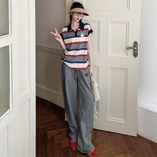 女夏季新款时尚休闲套装高端欧货POLO条纹短袖上衣高腰长裤两件套，女装套装/套裙，江南