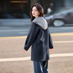 现货新款双面羊毛呢连帽（帽子可脱卸））毛呢外套女图片