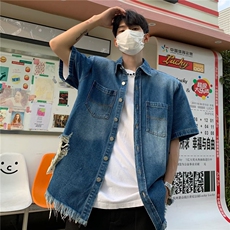 美式复古小众设计感垫肩短袖牛仔衬衫男宽松夏季翻领衬衣痞帅潮流，男装T恤，星座410-6（原星座1304-1）