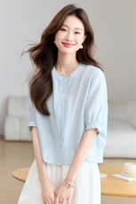 时尚休闲套装女2025夏新款宽松减龄薄款圆领衬衫上衣阔腿裤两件套，女装衬衫，木子恋