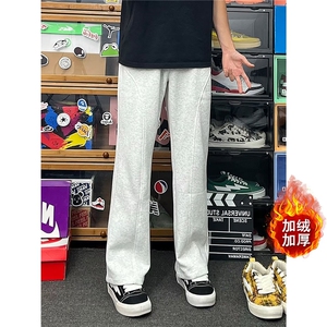 春秋冬季重磅直筒加绒卫裤男士款潮牌美式宽松运动休闲长裤子图片
