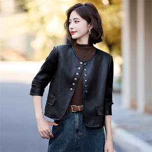 黑色小皮衣外套女2025秋季新款短款pu皮夹克圆领休闲单排扣上衣女图片