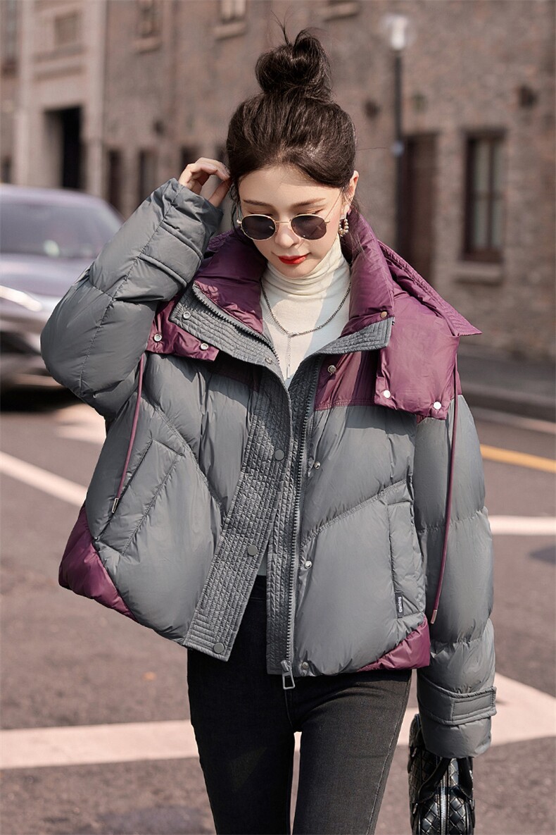 时尚撞色短款羽绒服女2024冬季新款加厚连帽保暖白鸭绒面包服外套,女装羽绒服,艾仟回(原伊仟回)