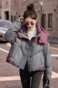 时尚撞色短款羽绒服女2024冬季新款加厚连帽保暖白鸭绒面包服外套图片